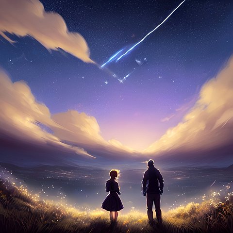 a couple watching a shooting star, beautiful landscape, anime drawing, anime, clouds