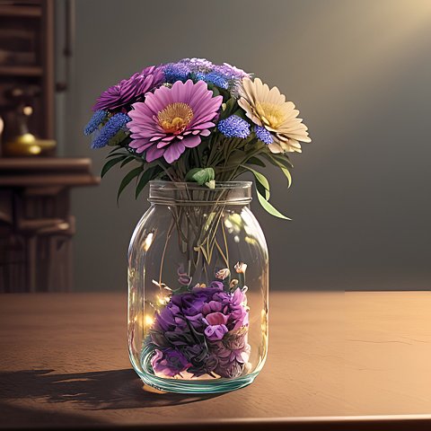 award winning image of flowers in a jar on a table in a house, intricate details, dark shade, light ray