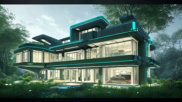 Futuristic single-family home in green area - high-resolution, ultra-detailed, hyper-realistic, photorealism 