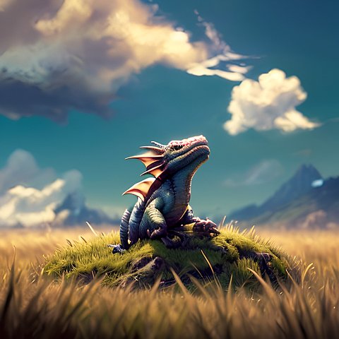a whimsical cute little dragon in the grass  beautiful landscape  clouds