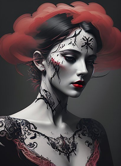 portrait of a woman in a dark cloud, black ink, red lips, intricate details