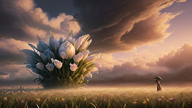 award winning painting of a gigantic flower, intricate details, in a grass field, white clouds 