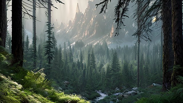 4k breathtaking photo of mountain forests, intricate realistic details