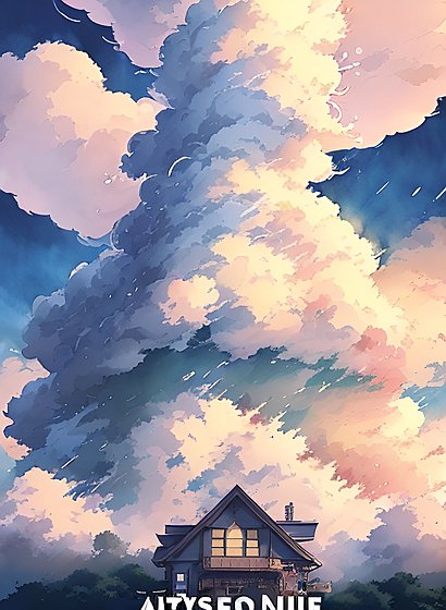 anime movie poster, clouds, house