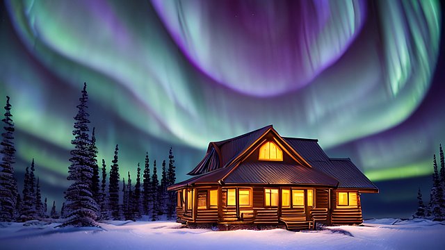 photorealistic mesmerizing award winning cabin under northern lights, ultrarealistic painting, amazing shot, high fov