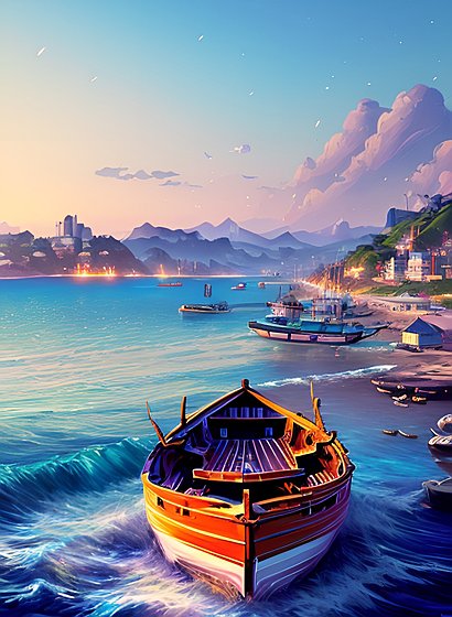 beautiful painting of a boat on the sea, a small city in the background