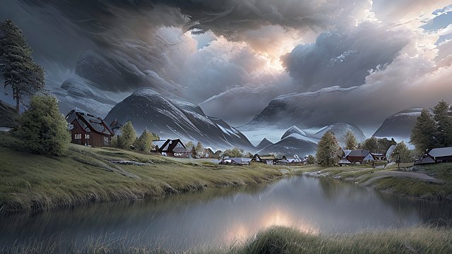 award winning shot of norway countryside, intricate realistic details, breathtaking clouds, photorealistic