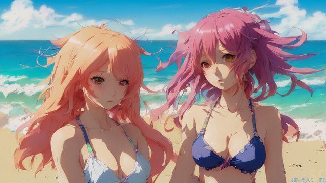 anime girl on a beach, colorful hairs, anime drawing, anime manga style
