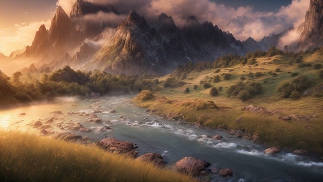 award winning photo of mountains and rivers, intricate realistic details, in a grass field, amazing clouds