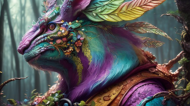 breathtaking colorful portrait of a whimsical creature in a forest, intricate realistic details, dark shades