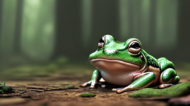 award winning photo of a small cute fat cartoon frog in a forest  intricate realistic details  amazing atmosphere