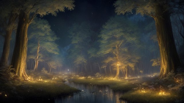 breathtaking painting of a forest with fireflies under the moonlit sky, thoughts wander like fireflies, clear sky, breathtaking clouds