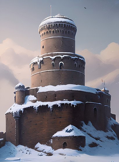 beautiful painting of fortifications, snowy