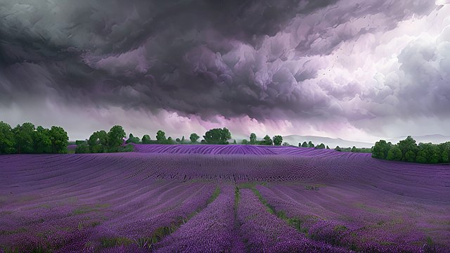 award winning purple colors of a the rain in the countryside, intricate realistic details, breathtaking clouds