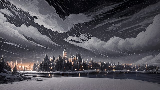 award winning night shot of a snowy landscape, high contrast, intricate realistic details, breathtaking clouds