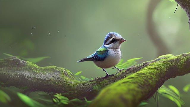 award winning photo of a mesmerizing small bird in a forest, intricate realistic details, amazing clouds