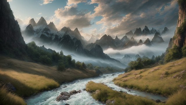 breathtaking photo of mountains and rivers, intricate realistic details, in a grass field, breathtaking clouds