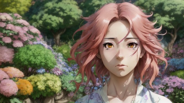 breathtaking anime face  colorful hairs  in a garden  anime drawing  anime manga style