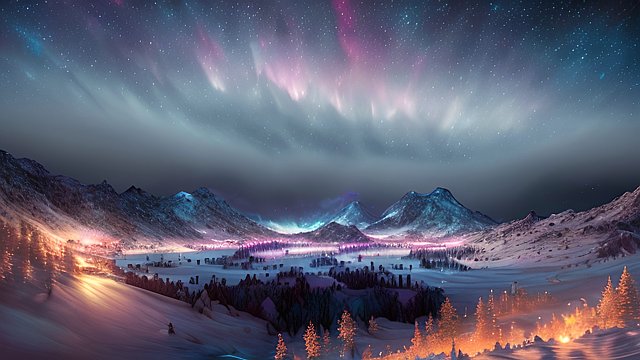 4k breathtaking photo of a night snowy landscape with a nebulae, colorful, intricate realistic details