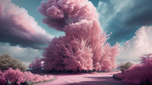 award winning pink photo, high contrast, intricate realistic details, breathtaking clouds