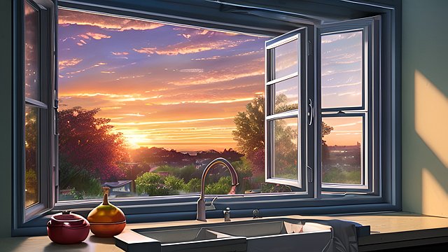 Kitchen window looking out into a sunset, ultra-detailed, colorful, hyperrealism, photorealistic 
